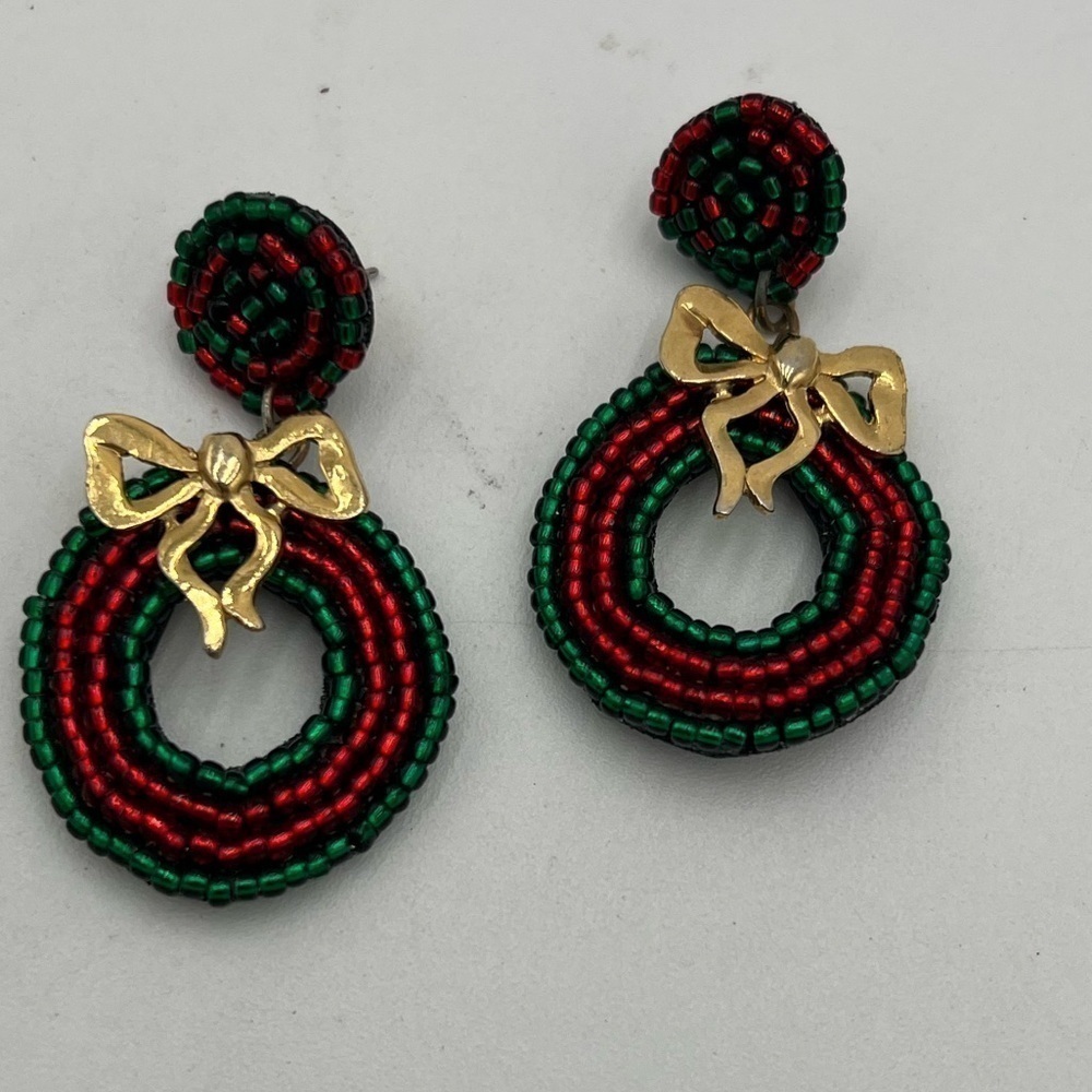 Festive Green and Red Beaded Earrings with Gold Bow